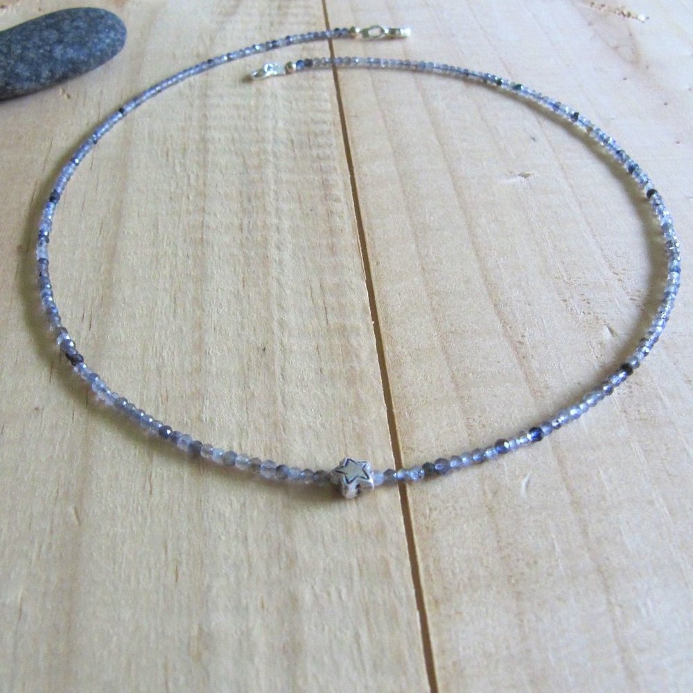 Iolite necklace with a little sterling silver flower